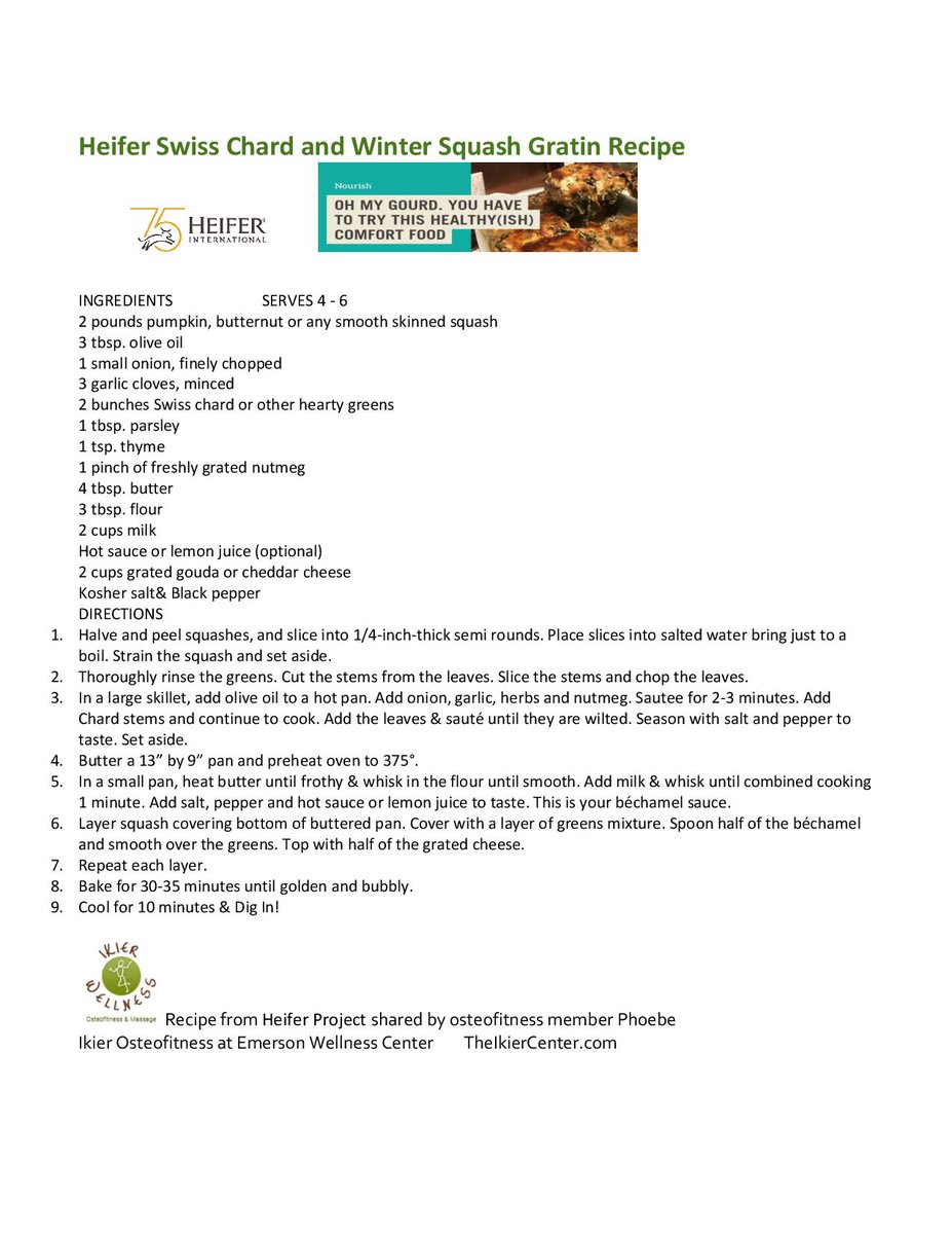 IkierCenter's tweet photo. Thank you Ikier Osteofitness Wellness member Phoebe 4 sharing this seasonal bone-healthy veggie Swiss Chard & Winter Squash Gratin recipe from the Heifer Food project. Perfect for an Ikier Calcium Cafe!
#osteofitness #calciumcafe #osteonutrition #ConcordMA https://t.co/dhxJRPW6sI