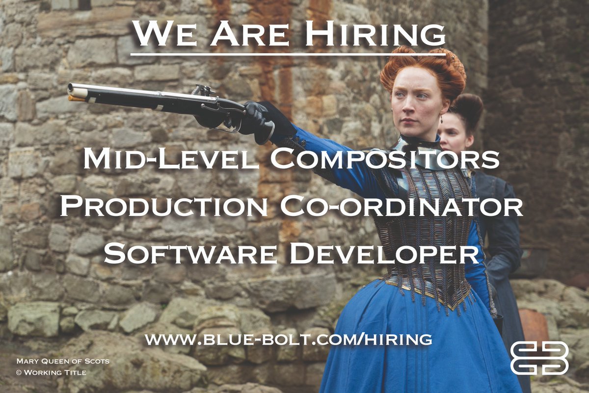 <a href="/BlueBoltVFX/">BlueBolt</a> BlueBolt is crewing up! We are now hiring mid-level compositors, a production co-ordinator and a software developer, so please visit us at blue-bolt.com/hiring for more info about this roles and to apply #VFX