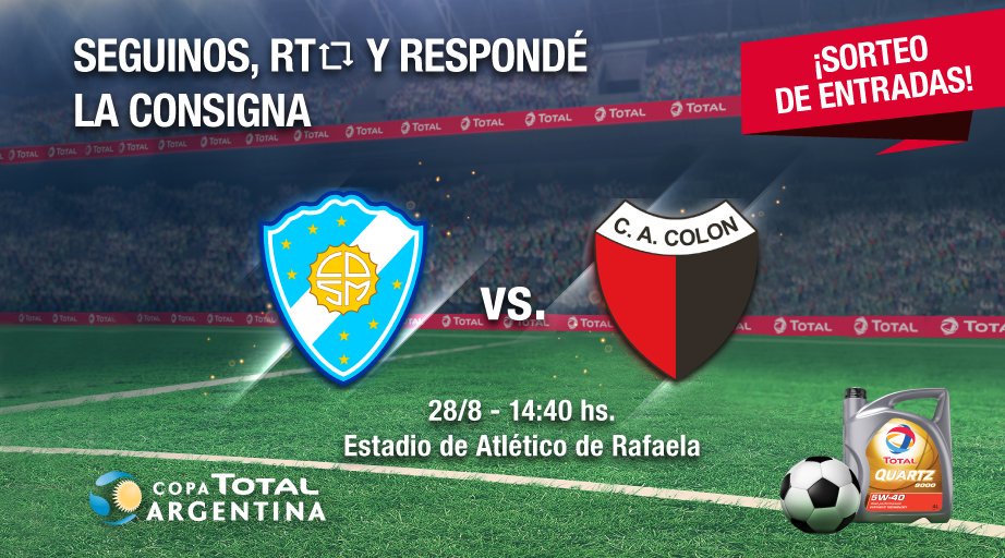 TotalEnergiesAR's tweet photo. ¡SORTEO DE ENTRADAS para ver @SolDeMayoFC vs. @ColonOficial! Seguinos, RT y respondé: ¿Quién te hizo hincha tu equipo? 
#CopaTOTALArgentina⚽🇦🇷 https://t.co/h3Pt9RAR7l