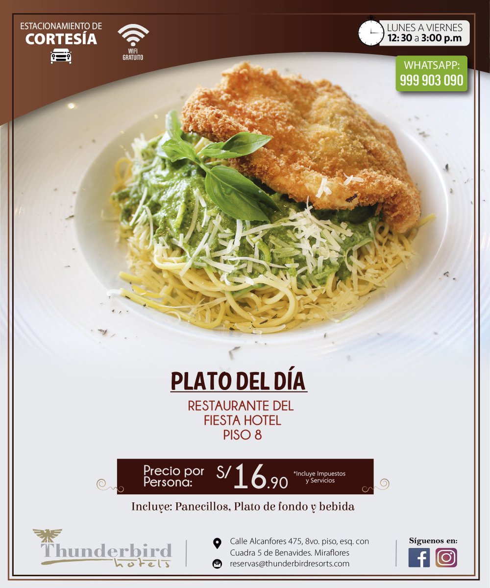thunderbirdperu's tweet photo. 🔸Empezamos una nueva semana y el restaurante del Fiesta Hotel, Piso 8 te invita a probar su deliciosa propuesta de "Plato del Día", disfruta de una riquísima comida a tan sólo s/ 16.90. https://t.co/80Bi2CGWQB