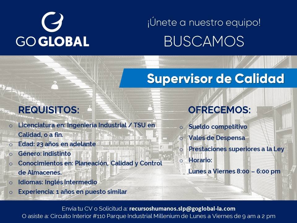 ¡Forma parte de nuestro equipo en San Luis Potosí!
Buscamos ingeniero industrial o afin, para posición de Supervisor de Calidad.
Envíanos tu CV a: recursoshumanos.slp@goglobal-la.com

#Logistics #LogisticsJobs #GOGLOBAL #SanLuisPotosi #SLP #SupplyChain