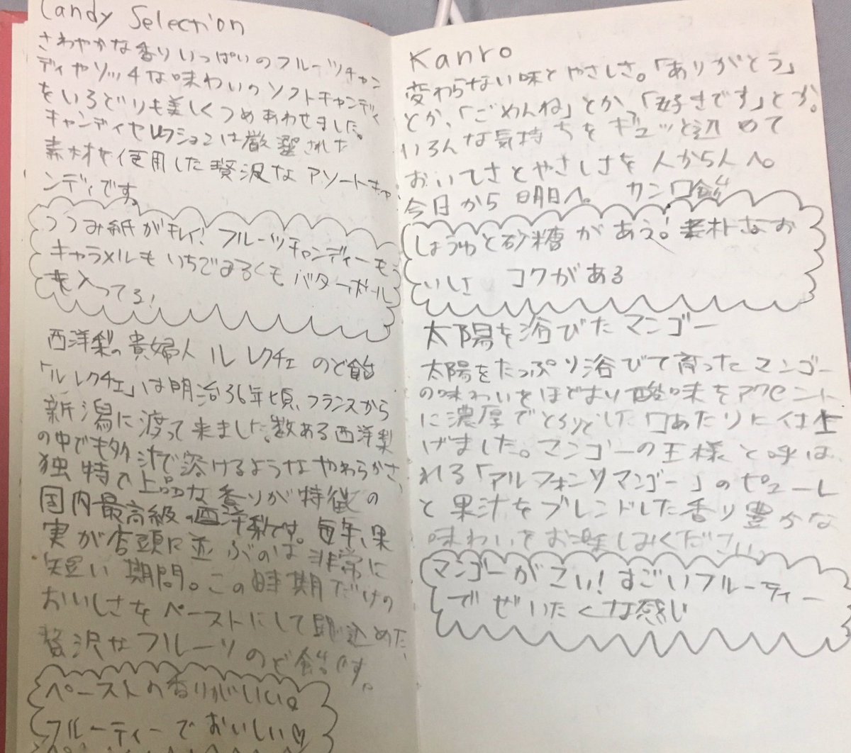 雛瀬さくら A Twitter 食べ物のパッケージに書いてあるキャッチコピーをよみながら食べ物を味わうのもすき これは小学一 二年生の間くらいまでつづけてた飴のキャッチコピーと感想をまとめたキャンディノート