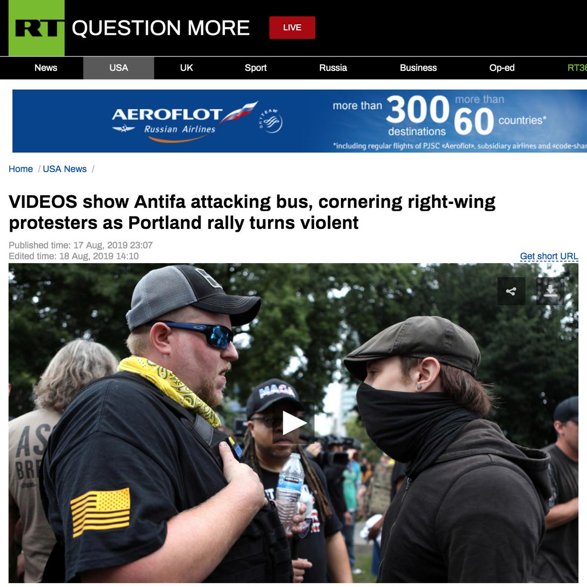's tweet image. #QuestionMore is RT's slogan, but apparently misleadingly edited videos from far-right provocateurs don't merit much questioning. This article pays brief lip service to the debunking of the bus video, but otherwise might as well have been written by Andy Ngo.

cc: @ZellaQuixote