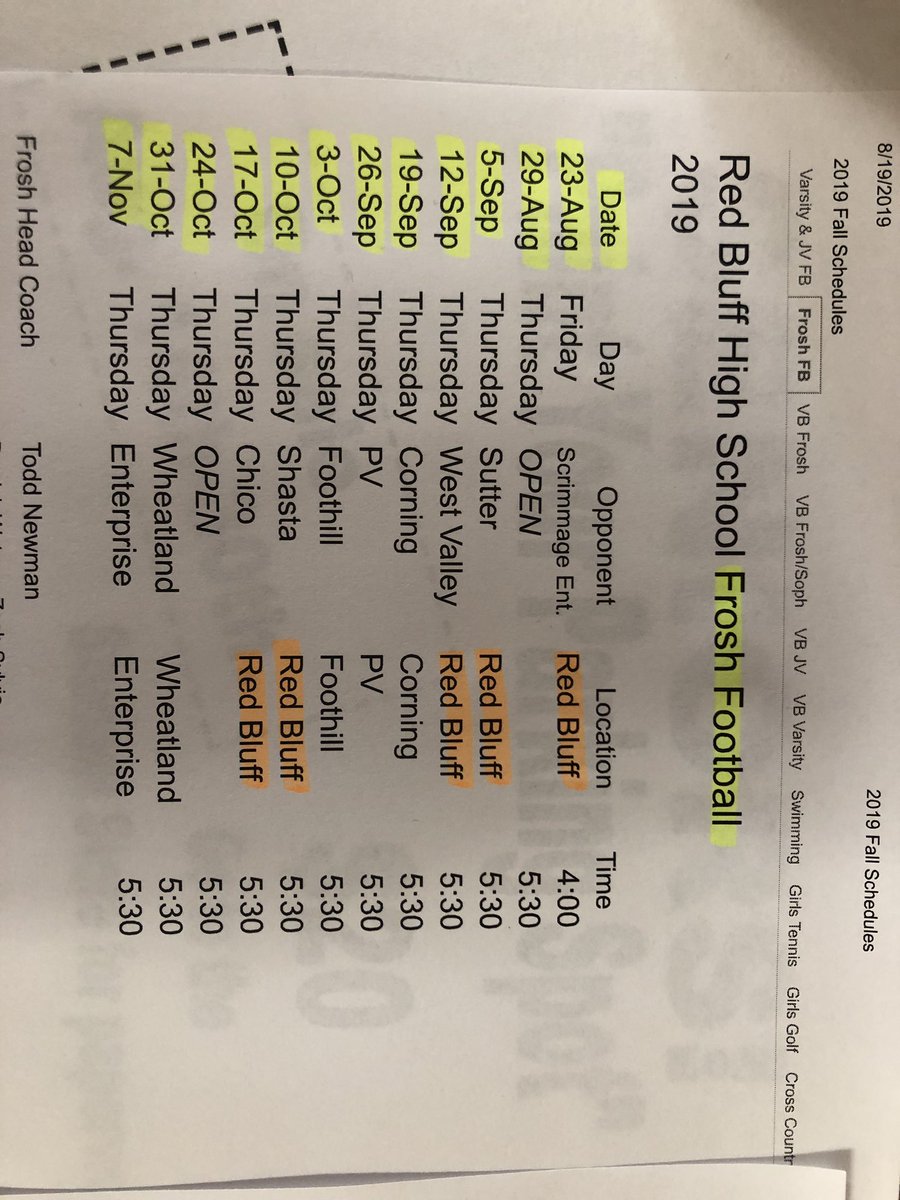 RedBluffRowdies's tweet photo. Let’s get ROWDY!! 2019 Football Schedules for Frosh, JV, &amp; Varsity!! All home games are highlighted &amp; themes will be determined soon! 💚💛🏈🎉 https://t.co/Fae8ZZw3J1