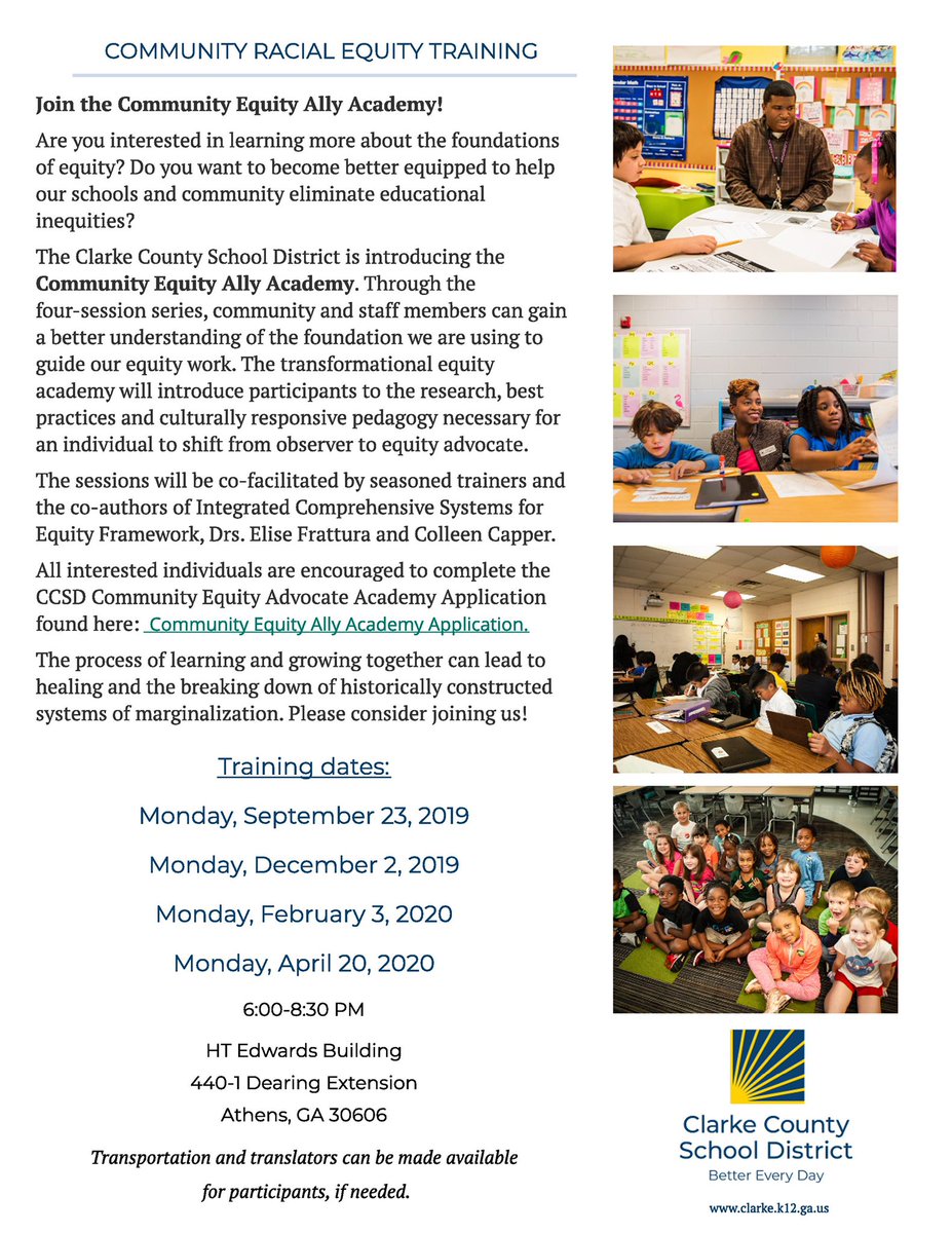 ClarkeCoSchools's tweet photo. 🌅Dear Clarke County School District Community, 

Please view our flyer for upcoming Community Racial Equity Trainings.  We hope that you will be able to join us in advancing the work of CCSD for all students. 😁 https://t.co/n9DSn5EOxO