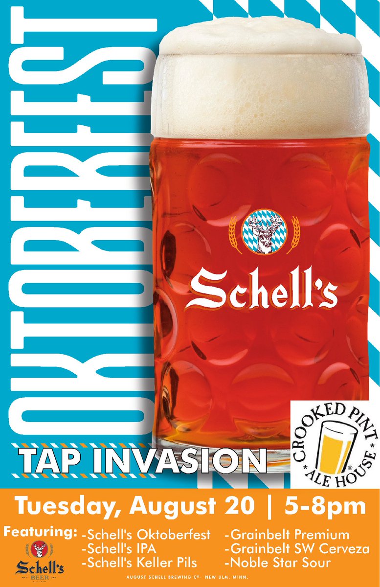 BergsethBeer's tweet photo. TOMORROW - Join @SchellsBrewery & @GrainBeltBeer at @crookedpint Fargo, ND from 5-8pm
-Schell's Oktoberfest
-Schell's IPA
-Schell's Keller Pils
-Noble Star Sour
-Grainbelt SW Cerveza
-Grainbelt Premium
#AugustSchell #Grainbelt #TapInvasion https://t.co/f6MCWONSRt