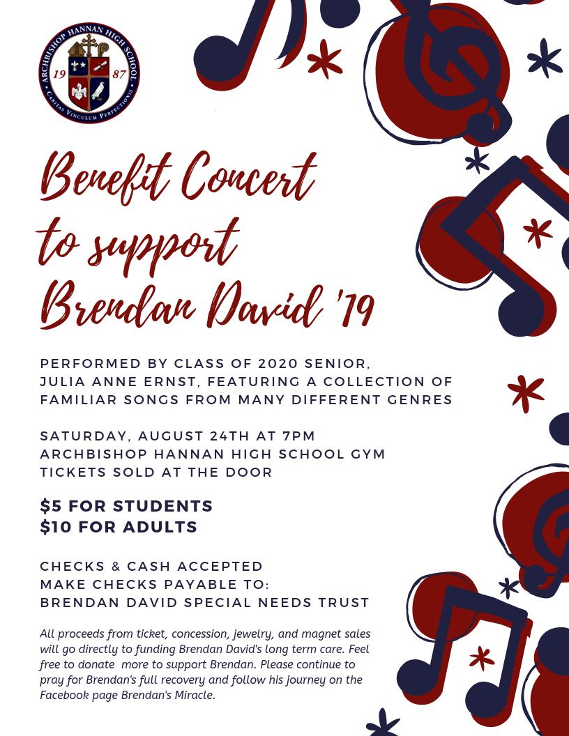 HannanHigh's tweet photo. Join us for a Benefit Concert, performed by senior Julia Ernst, to support Hannan alumnus Brendan David '19. Proceeds will benefit Brendan's long term care. Follow "Brendan's Miracle" on Facebook for updates on his  amazing progress &amp; recovery. #CharityLeadsToPerfection #42strong https://t.co/qhjnbXp4Xb