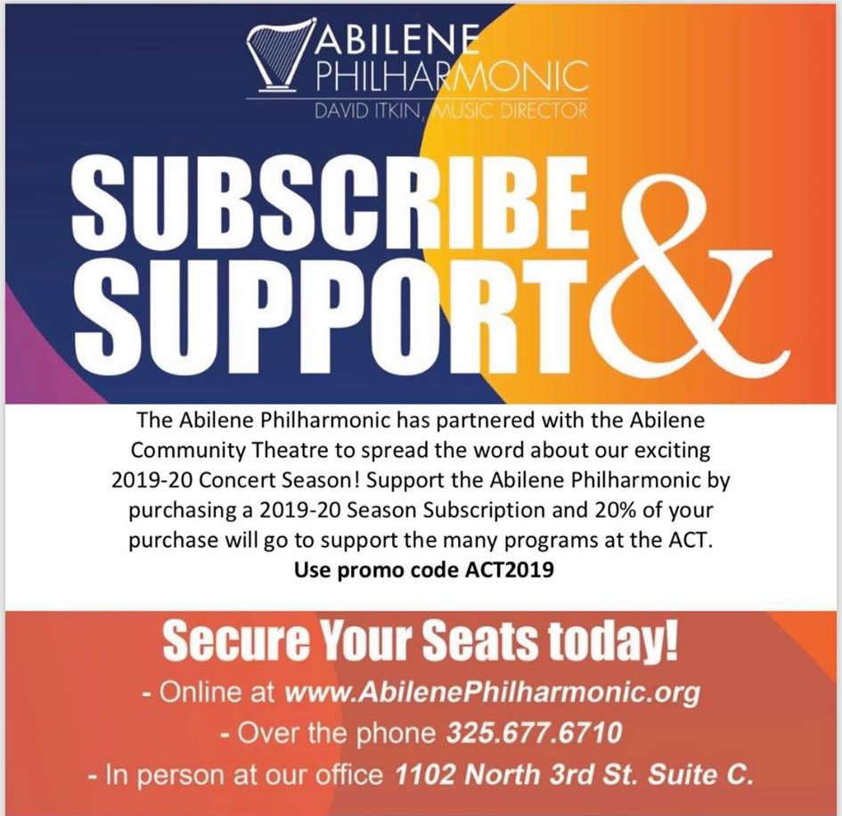ACTAbilene's tweet photo. The Abilene Philharmonic has partnered with ACT for their 2019-2020 Concert season! Purchase a Season Subscription & use promo code ACT2019 and 20% of the proceeds will come to ACT to help fund the new season!
#AbilenePhilharmonic #SupportAbileneArts #ACTRemembers #GetInTheACT https://t.co/HrjZkyt46x