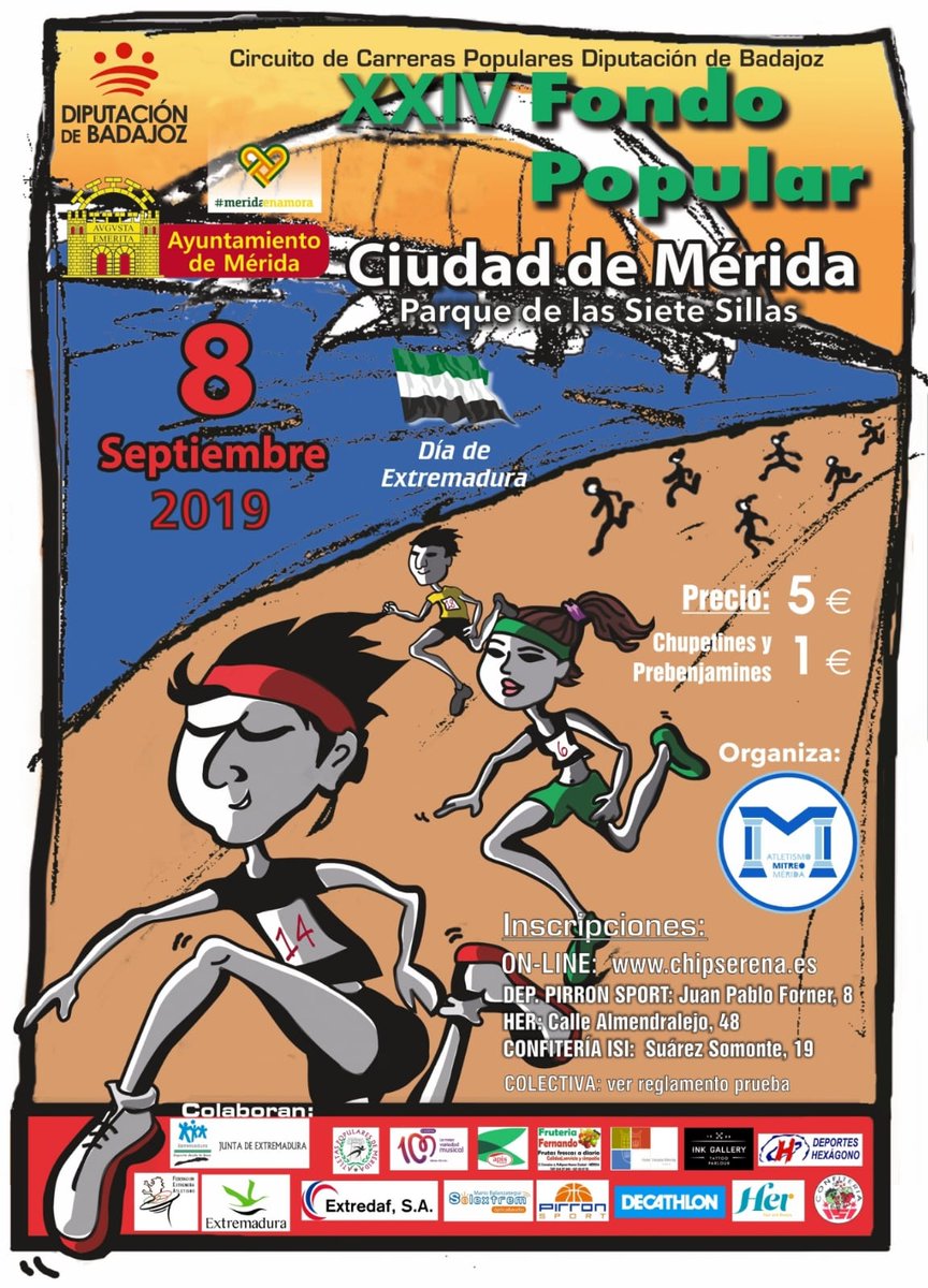 INSCRIPCIONES FÍSICAS YA DISPONIBLES!!!🏃‍♂️🏃‍♂️

-Pirron Sport (Juan Pablo Forner, 8)
-Her (Calle Almendralejo, 48)
-Confitería Isi (Suarez Somonte, 19)

También Online:
chipserena.es/chp-detalle-ev…