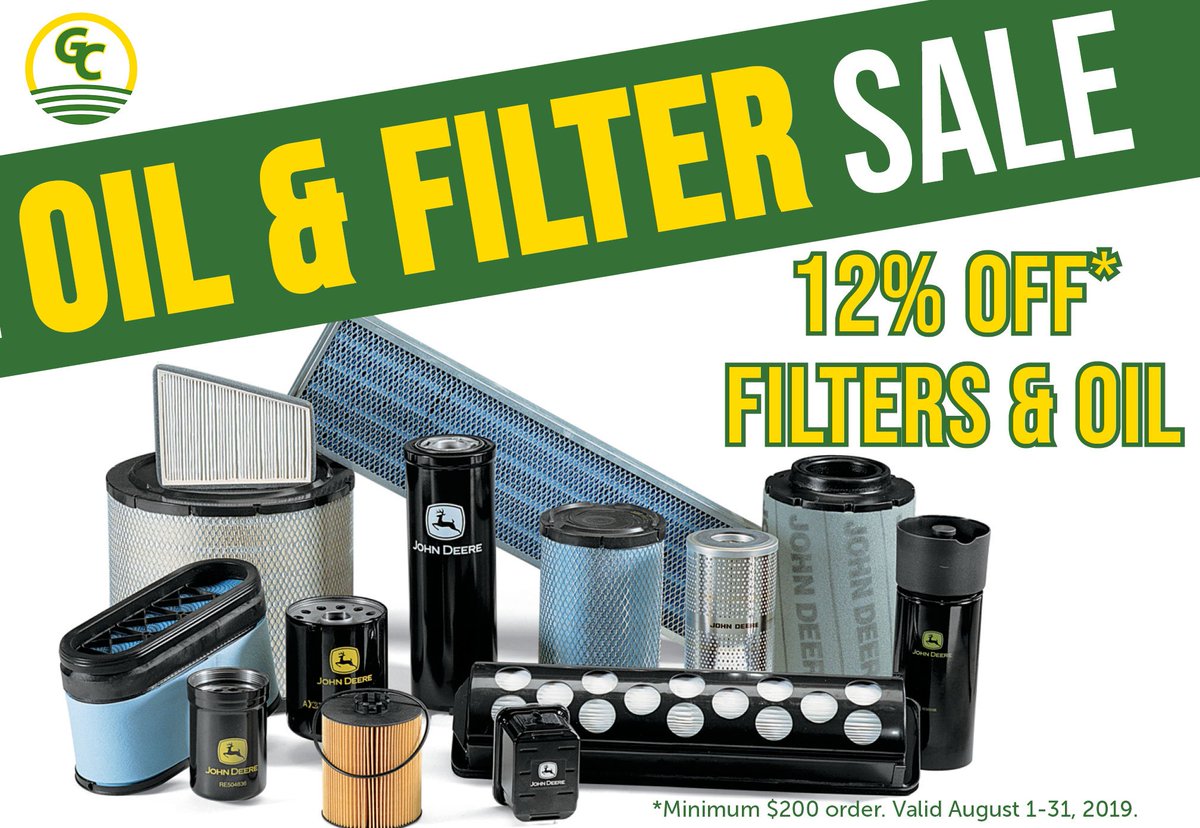 GREENCOUNTRYEQ's tweet photo. Our annual fall oil and filter sale is happening NOW! Receive 12% off oil and filter purchases throughout August. See stores for details. https://t.co/ScTNNgJoKJ