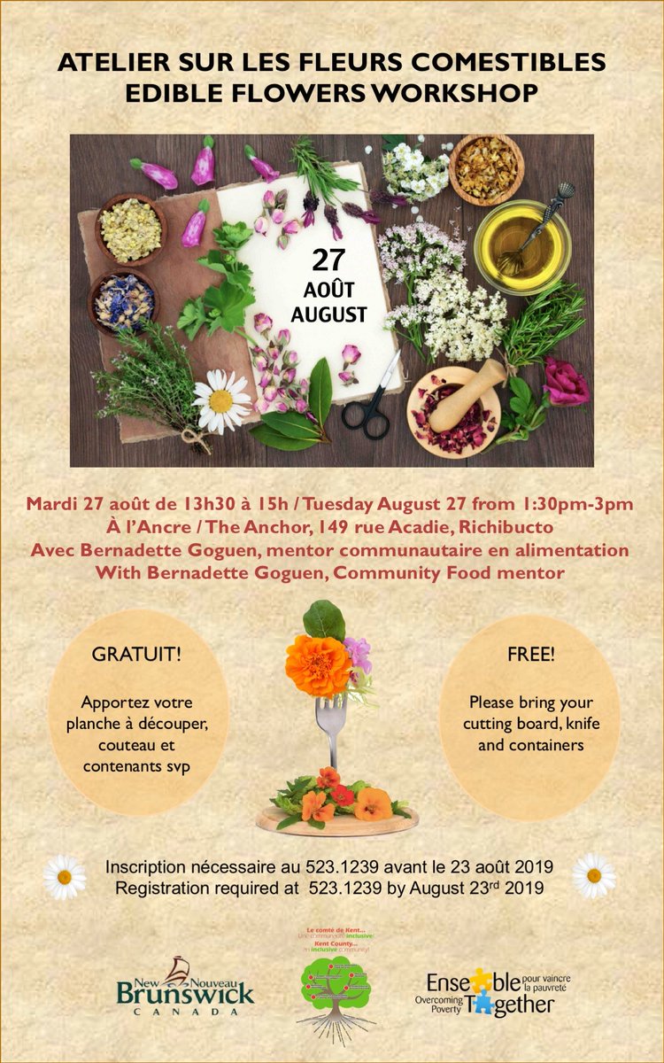 Atelier gratuit sur les fleurs comestibles. Bernadette Goguen, mentor communautaire en alimentation, partagera sa passion pour les fleurs. Places limitées, inscription nécessaire au 523-1239.