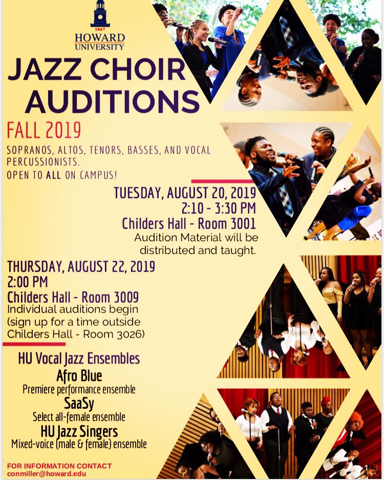 Just a reminder that we are holding jazz choir auditions TOMORROW (Tuesday, August 20th) at 2:10PM. Bring your beautiful voices and join us! We also welcome vocal percussionists! <a href="/HowardUniv/">HOWARD UNIVERSITY</a> #howarduniversity #jazz #howardu #music