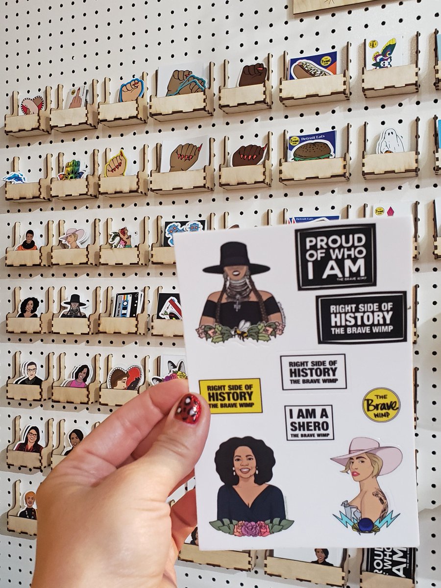 RustBeltMarket's tweet image. Be proud of who you are, #bebrave. Represent your favorite female icons with this new line of #shero stickers that The Brave Wimp created. Come see their new sticker wall this weekend! #shoprustbelt #rustbeltmarket #shoplocalmichigan