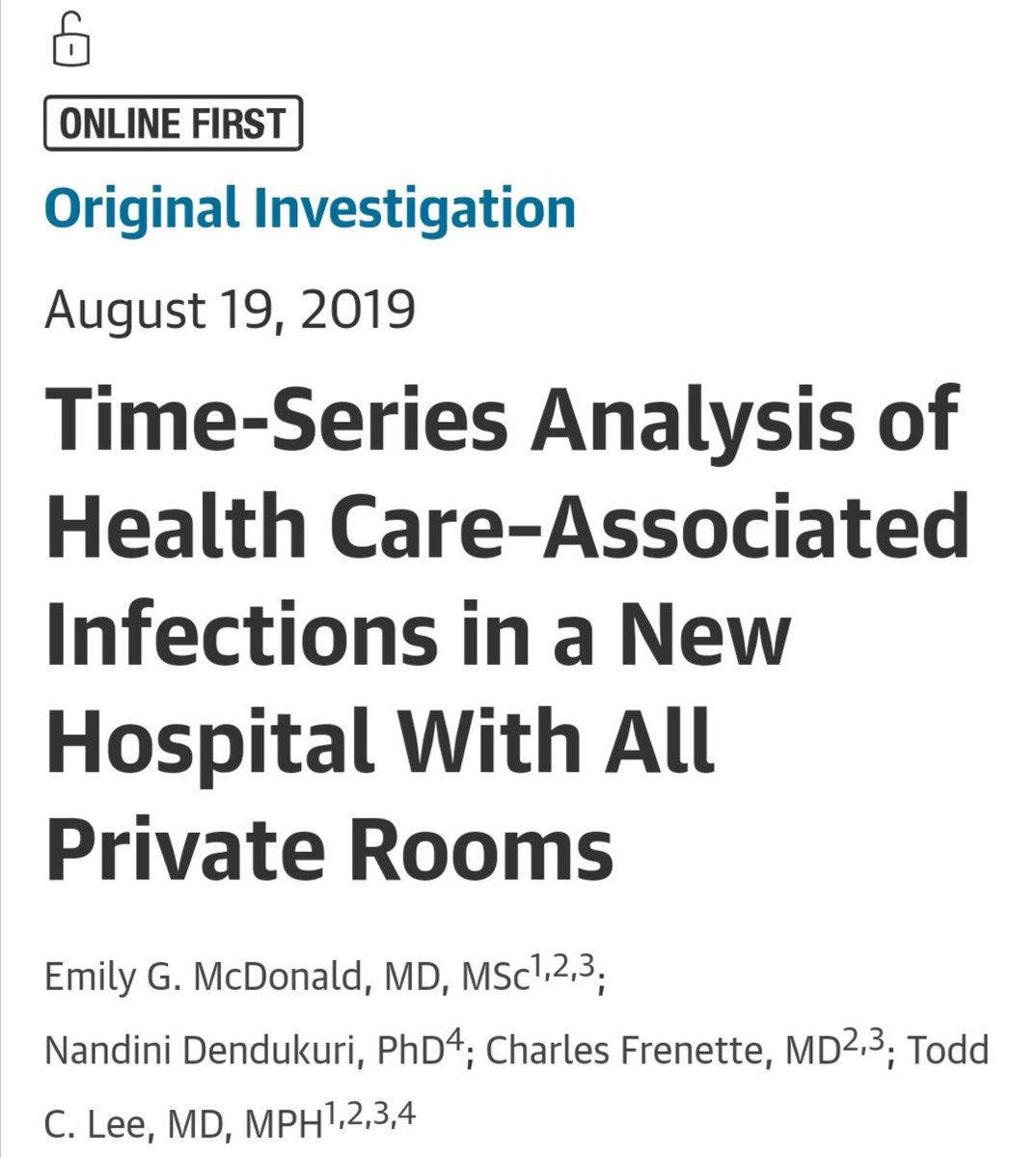 Are 100% single-patient hospital rooms associated w reductions in the acquisition of common multidrug-resistant organisms &amp; nosocomial infections compared with ward-type rooms? NEW🔥 Study <a href="/DrToddLee/">Todd C. Lee</a> <a href="/JAMAInternalMed/">JAMA Internal Medicine</a> might answer this question #IDtwitter 
jamanetwork.com/journals/jamai…