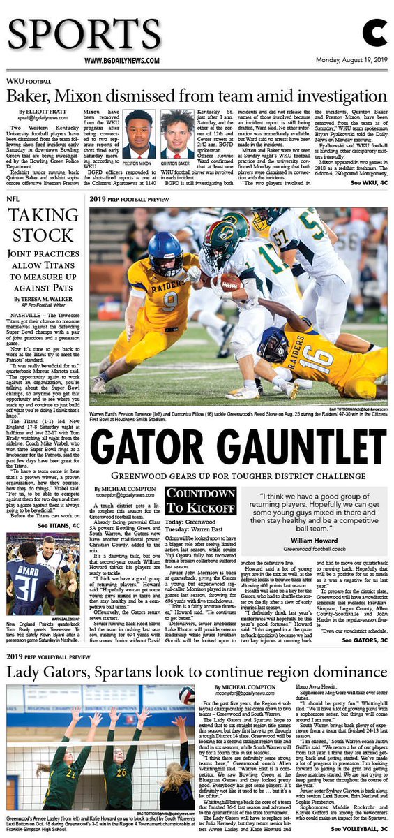 Jeff_NationsBG's tweet photo. Monday's @bgdailynews sports front @WKUFootball @GHSGatorFball @GreenwoodVball @SWarrenVball https://t.co/WKWzVLwYQl