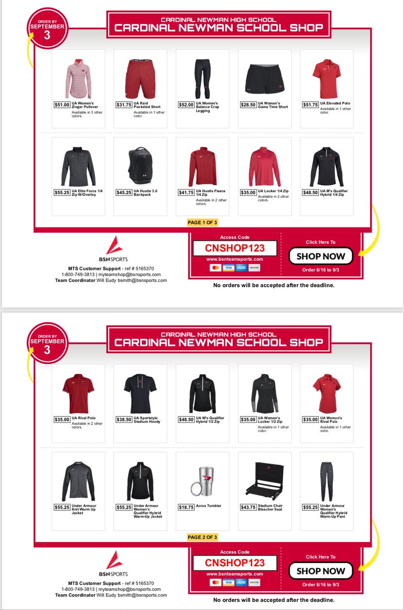 CNathletics1's tweet photo. @4CardinalNewman Under Armour Fan Store is up and running...all orders will ship to your home #BackTheBird https://t.co/564ZDzB6ij