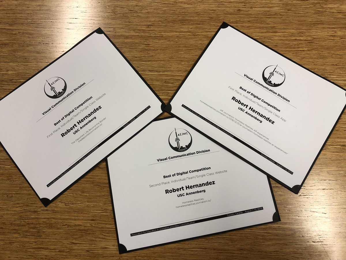 TheJOVRNALISM's tweet photo. Thank you to @AEJMC #BestOfDigital Competition for honoring #JOVRNALISM! We won first AND second place for best class site (#TheDeported and #HomelessRealities), plus first place for best class app (using @Snapchat for #HomelessRealities #AR) @USCAnnenberg #ASCJ @USC https://t.co/zyIMnhboOK