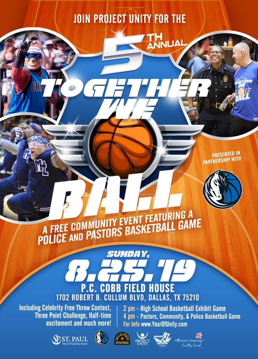 DPDUnidos's tweet photo. Come join us and @DFWYearofUnity Project Unity for Together we Ball, Sunday August 25, 2019 at P.C.Cobb Field House from 2p-4pm.
Fun filled day of basketball exhibition with local pastors and first reponders. @DallasPD @DPDCA @AShawDPD @dpd
#dfwyearofunity https://t.co/gB88PP3aCl