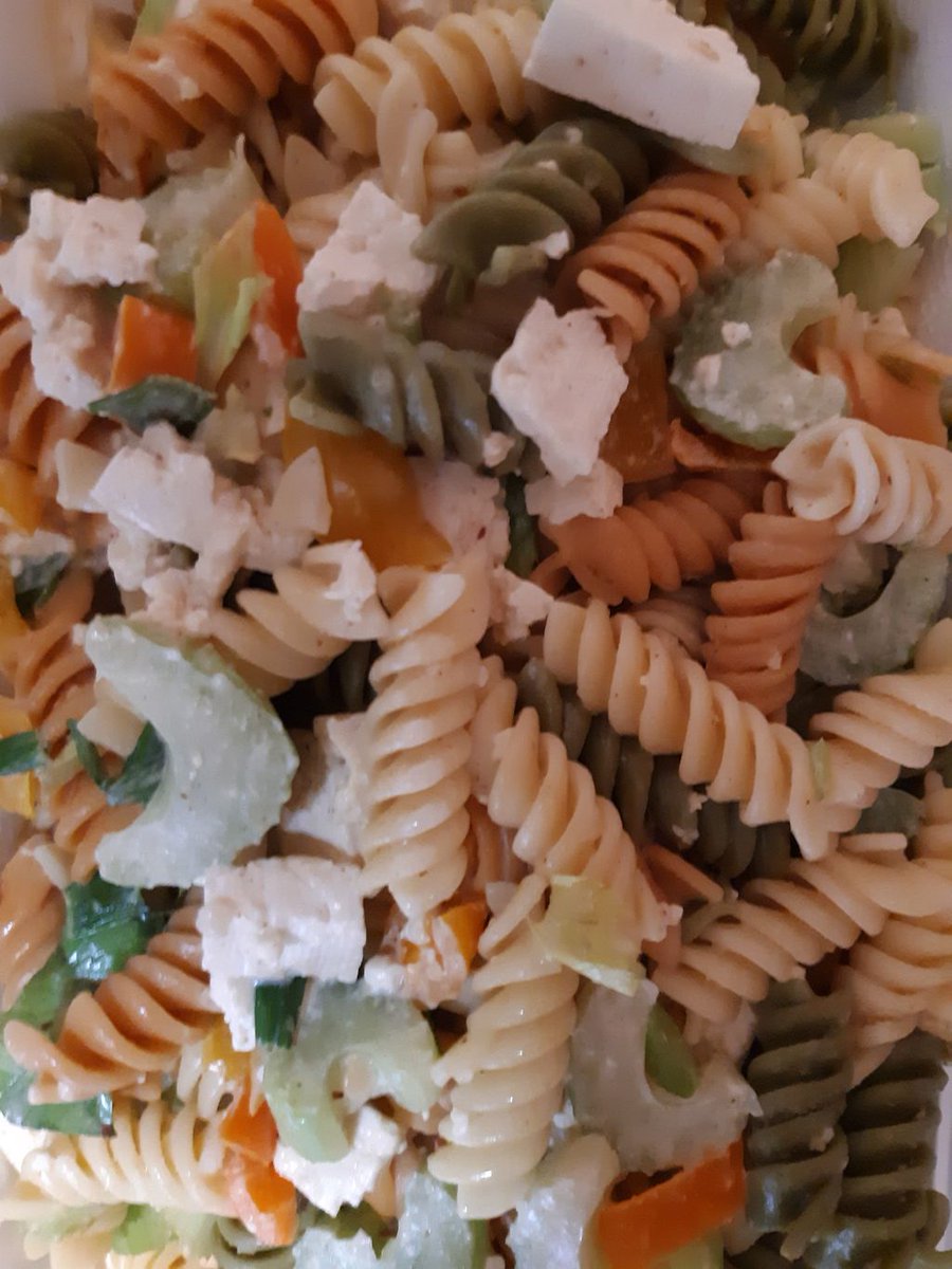 HappySkywalker's tweet photo. Today I was inspired by the Mama Tammye episode of Queer Eye to make a macaroni salad! But vegan, and with the spiral pasta I had on hand. :) #queereye #pastasalad #vegan https://t.co/CDoAFFHRI0
