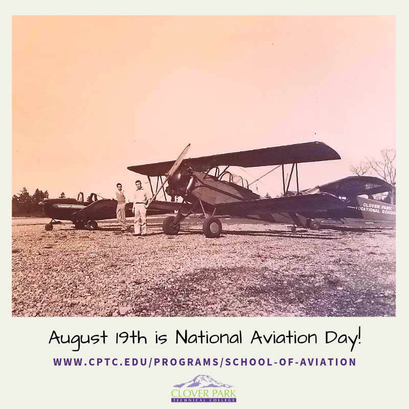 CloverParkTech's tweet photo. August 19th is National Aviation Day!
CPTC has provided the community with aviation training for over 75 years!
Learn more about our Aviation Programs: https://t.co/M8z0RfpSAn
#nationalaviationday #CPTCyourself https://t.co/7OJy18s3r5