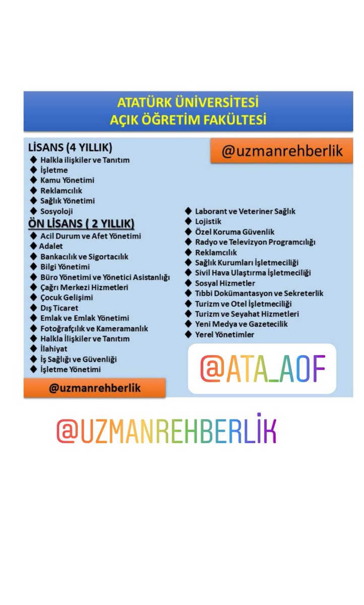 UzmanRehberim's tweet photo. Sınavsız 2. Üniversite İçin Kayıt Tarihleri. @acikveuzaktan @anadoluunii @AtaturkUni @ATAAOFFORUM @gokhansinel @pozitiftercih @PsikolojikDns @GKSLGKCE @EmrahIskli @pdr7655 @NurErdemOZEREN @pdrservisi @genctercih @unsalim
#ekayit #universite https://t.co/LQsNlxSRgt