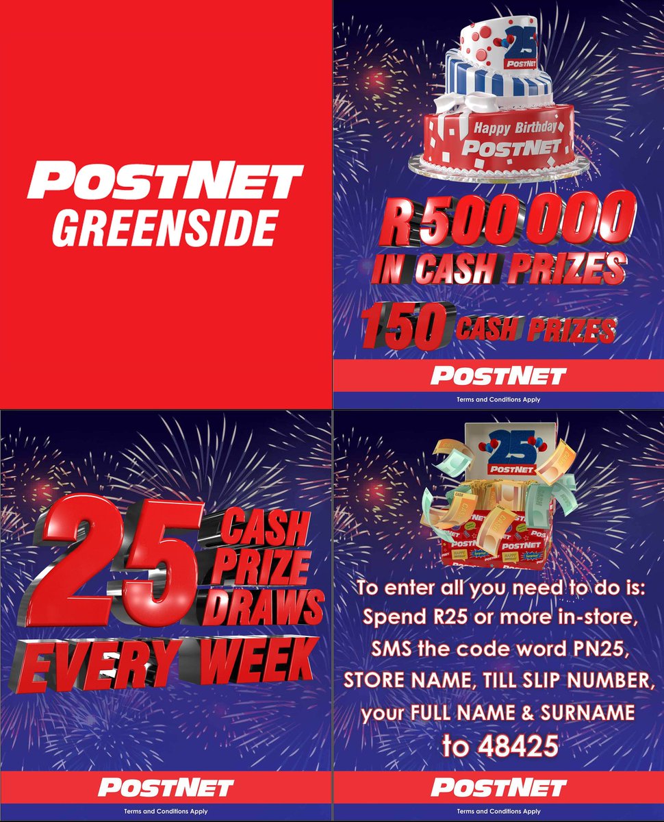 PostNetGreensid's tweet photo. Its PostNet's 25th Birthday! We giving away R500 000 in cash until the 30th of September! Spend R25 or more in store, and SMS the code word PN25, Store name, Till slip number and your name and surname to 48425 to enter! https://t.co/hRpMw2rYyU