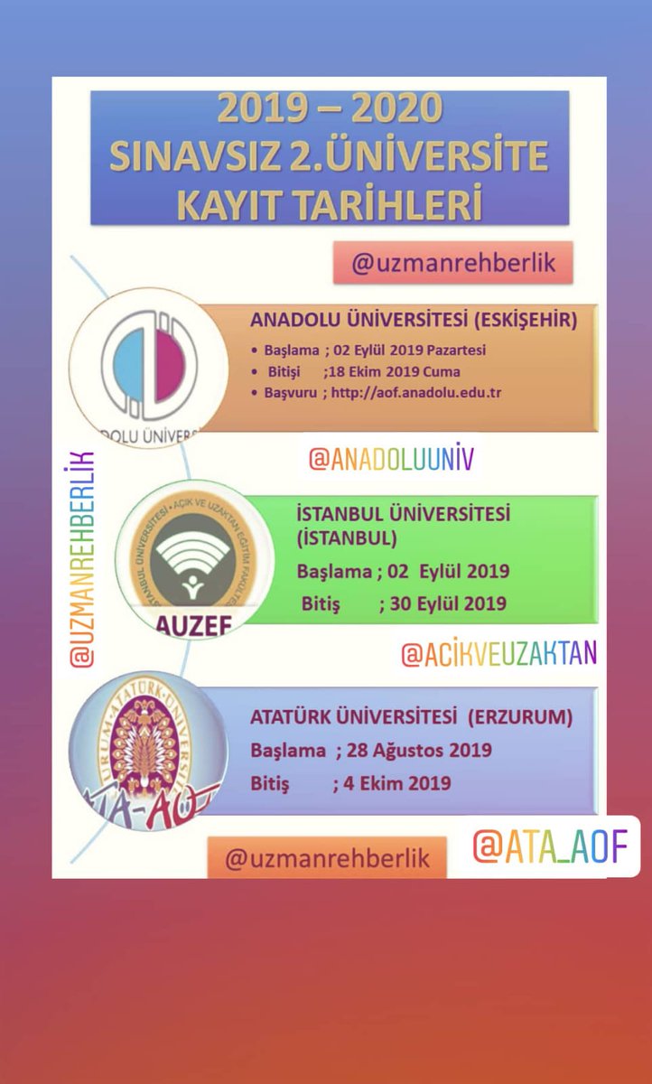 UzmanRehberim's tweet photo. Sınavsız 2. Üniversite İçin Kayıt Tarihleri. @acikveuzaktan @anadoluunii @AtaturkUni @ATAAOFFORUM @gokhansinel @pozitiftercih @PsikolojikDns @GKSLGKCE @EmrahIskli @pdr7655 @NurErdemOZEREN @pdrservisi @genctercih @unsalim
#ekayit #universite https://t.co/rn4gMrsMI7