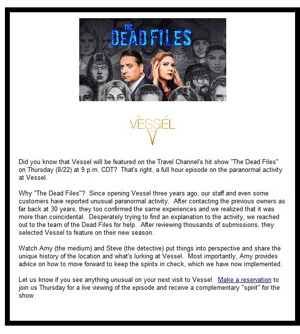 Vessel Featured on The Travel Channel's Dead Files bit.ly/2MotM20