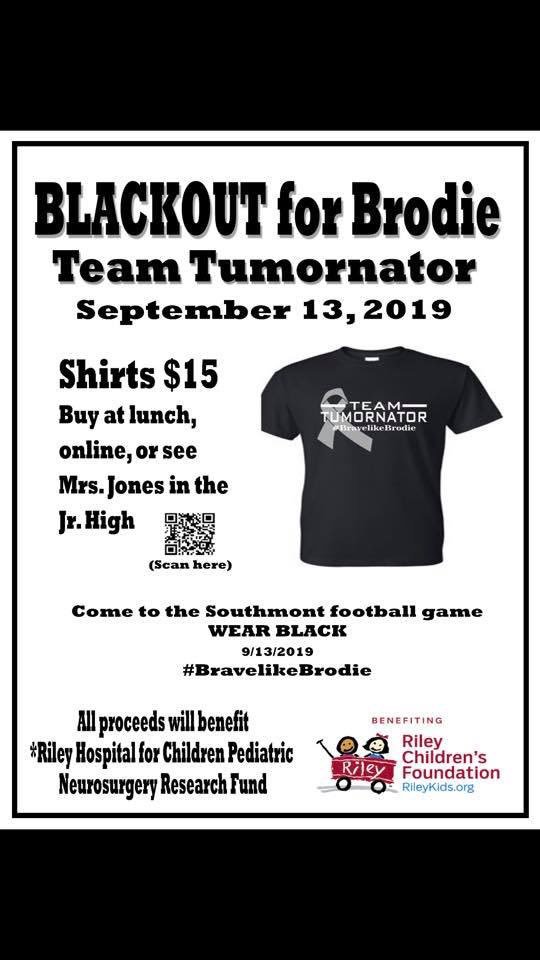SouthmontJrHigh's tweet photo. A note from Mrs. Jones:
https://t.co/kv83ojH34L

Please help Brodie raise money for Riley’s Pediatric Neurosurgery Research Fund. Come to the football game, wear black or better yet, order a Team Tumornator shirt! All proceeds go to Riley to help make more miracles for more kids! https://t.co/5IhUKLvLEJ