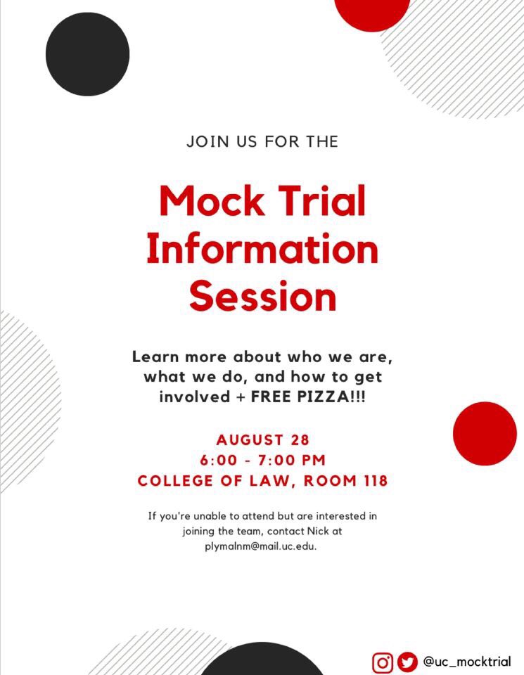 Join UC Mock Trial!!! Check us out at the Student Organization Fair this Friday from 5-7! And then come check us out for our info meeting August 28th in the law school - see you there! #GoCatsBoi