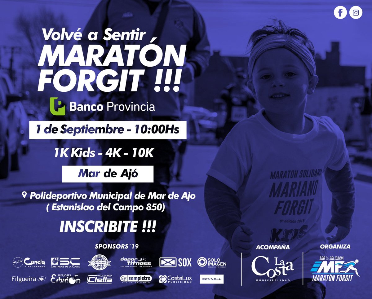 MaratonForgit's tweet image. El 1° de Septiembre en Mar de Ajo, Se viene la 9° Edición @bancoprovincia 
de #MaratonForgit '19.
Súmate y Ayúdanos a Ayudar !!!
Gracias @MuniLaCosta @TurismoLacosta por acompañarnos.
INSCRIPCIÓN ONLINE maratonforgit2019.eventbrite.com.ar