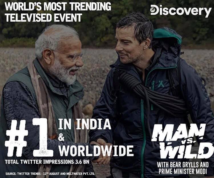‘Officially the world’s most trending televised event! With 3.6 BILLION impressions!’ 💥💥 (Beating ‘Super Bowl 53 which had 3.4 billion social impressions.) THANK YOU everyone who tuned in! 🙏🏻 #PMModionDiscovery #ManVsWild #india
