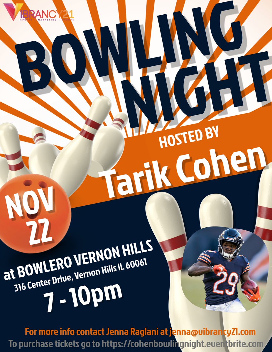 Vibrancy21 (@vibrancy_21) on Twitter photo Want to bowl and hang out with <a href="/TarikCohen/">Tarik Cohen</a> from the <a href="/ChicagoBears/">Chicago Bears</a>?! 🎳Well here's your chance! Get your tickets: cohenbowlingnight.eventbrite.com #CelebrityBowlingNight #football #bowling Want to bowl and hang out with <a href="/TarikCohen/">Tarik Cohen</a> from the <a href="/ChicagoBears/">Chicago Bears</a>?! 🎳Well here's your chance! Get your tickets: cohenbowlingnight.eventbrite.com #CelebrityBowlingNight #football #bowling