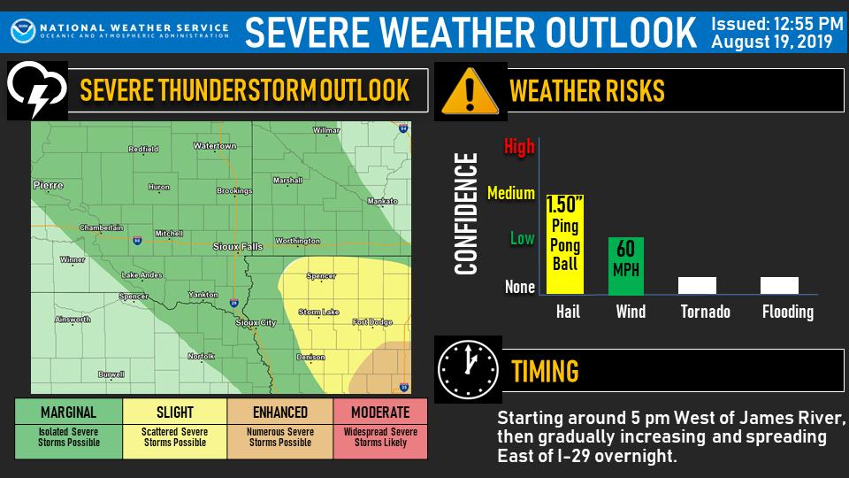 NWSSiouxFalls's tweet photo. Have outdoor plans this evening or overnight? Beware that there is a slight to enhanced risk of severe thunderstorms, especially in Iowa.  Primary risk will be large hail, with a secondary risk of damaging wind. https://t.co/KfCoB2rcEM