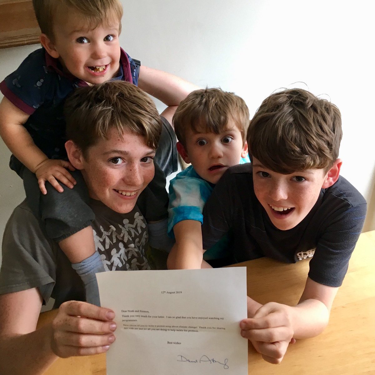 sosfromthekids's tweet photo. Sir David Attenborough wrote us a letter😱💗
it says "Thank you for for all you are doing to tackle the problem" talking about our climate protest song "SOS from the Kids" that Simeon wrote & Noah helped film
He is our hero our inspiration
The song's here https://t.co/JGlcAIMKS8 https://t.co/N1f13ZP338