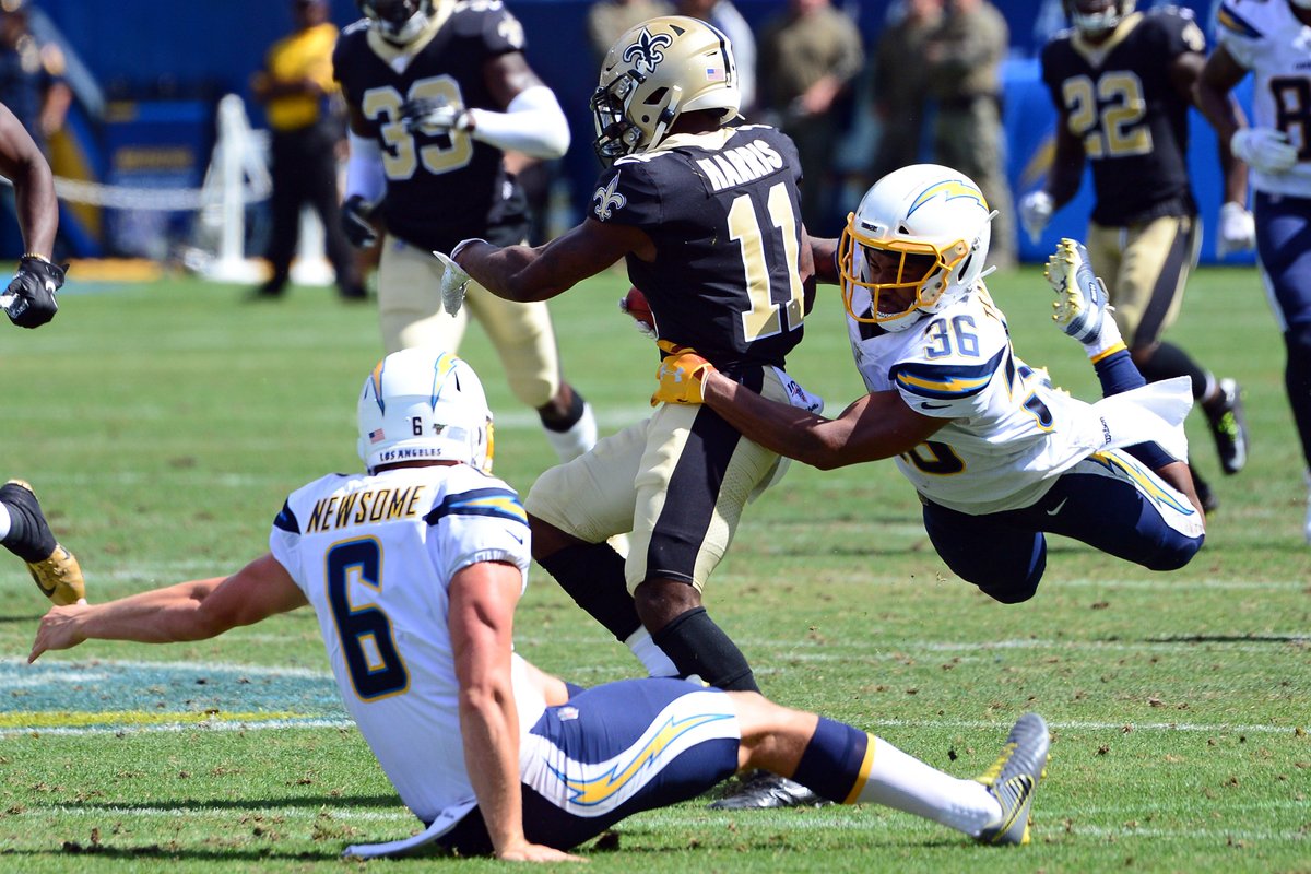 PFF_Chargers's tweet photo. Defensive back Roderic Teamer played 49 defensive snaps on Sunday, with 21 snaps coming at linebacker,19 at slot cornerback, 6 on the DLine and 3 at free safety. Teamer posted an 80.3 defensive grade with 3 tackles, 1 sack and 3 defensive stops. https://t.co/gmoSgmjqdV