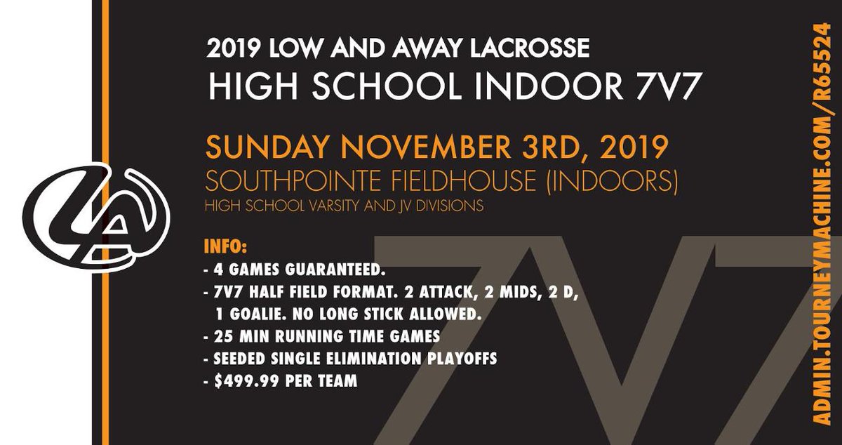 Proud to host another event with <a href="/LowandAwayLax/">Low and Away</a>.  HS coaches get your teams together.  Register Here admin.tourneymachine.com/R65524