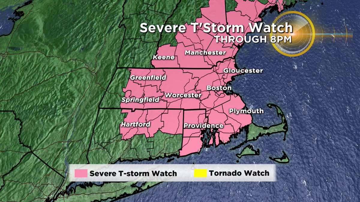 A new Severe Thunderstorm Watch hoisted for that risk of some larger hail and damaging gusts in any storms that develop over the next few hours. In effect until 8pm. #wbz