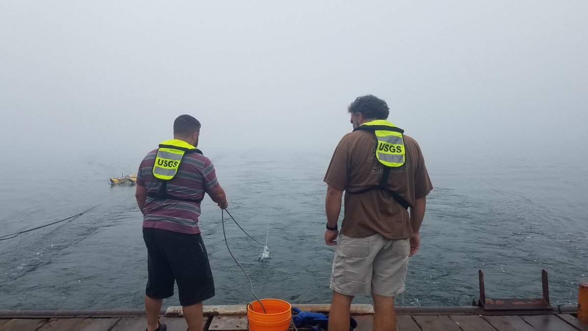 USGSCoastChange's tweet photo. #CapeCodBay2019 Sometimes the fog can be as thick as pea soup! The captains use #radar and keen eyesight to navigate in such conditions. Here Alex Nichols and Wayne Baldwin take a sound velocity cast off the back of the boat.
#USGS #science #seafloor #mapping #seafloormapping https://t.co/zKaEbWDGBt
