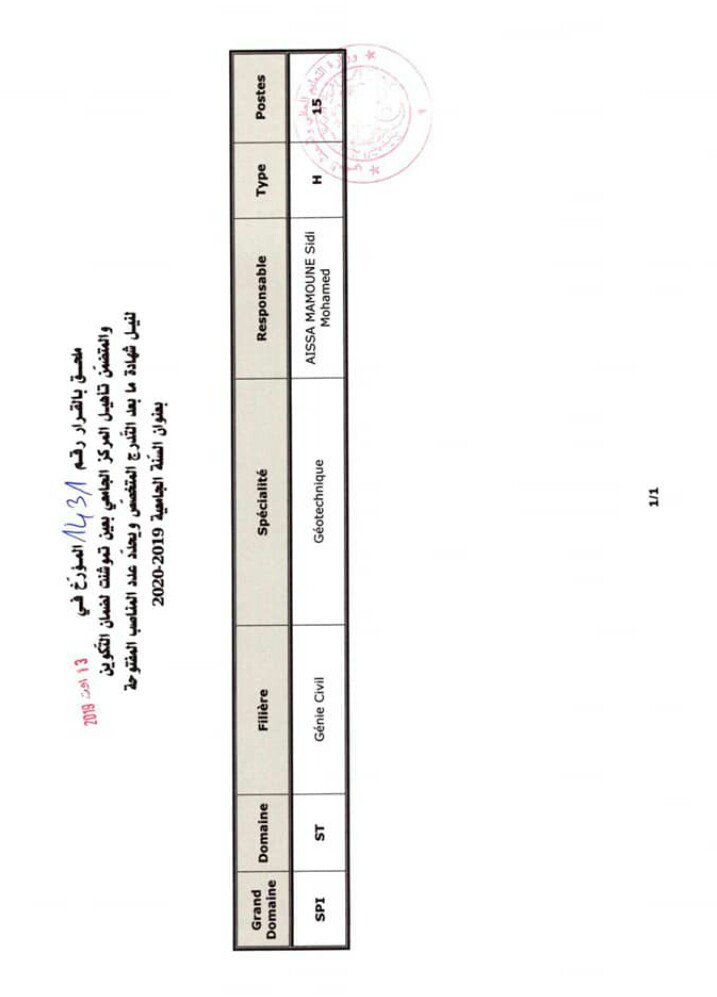 تأهيل المركز الجامعي لعين تموشنت لضمان #التكوين_لنيل_شهادة_ما_بعد_التدرج_المتخصص بعنوان السنة الجامعية 2019_2020. 
الشعبة: هندسة مدنية
التخصص: جيو تقني
عدد المناصب 15
المسؤول على التكوين: البروفيسور عيسى مامون سيدي محمد.