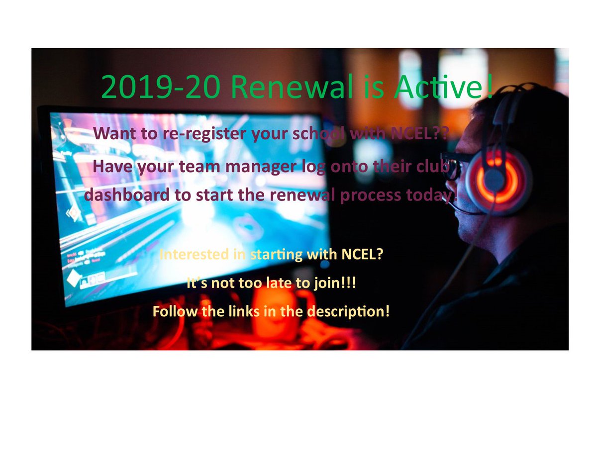 Attention NCEL clubs!!! Renewal time is here! Start your 2019-20 Renewal process now! Follow the link to get started >> clubs.esportsfed.org/account/login
Interested in starting a team!?? Follow the link to get started!