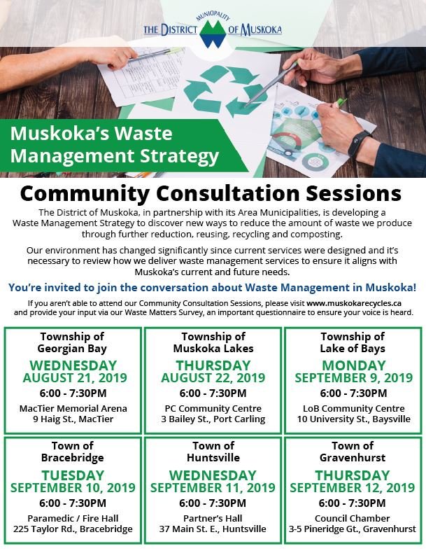 Let's talk about the future of #Muskoka's #waste. Join the conversation at our upcoming Community Consultation Sessions. More information at muskokarecycles.ca
