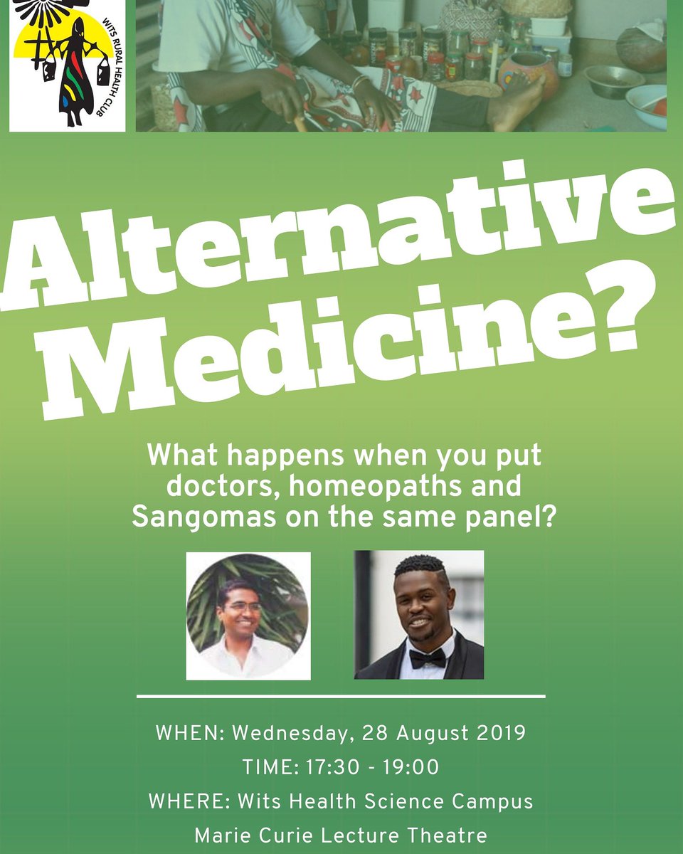 WitsRHC's tweet photo. Doctors, Homeopaths and Sangomas. What could they possibly have in common??

Come join us for an exciting panel discussion on Alternative Medicine between these experienced professionals. 

RSVP link: https://t.co/al3hqjBpvo https://t.co/BUtRbuoe8B