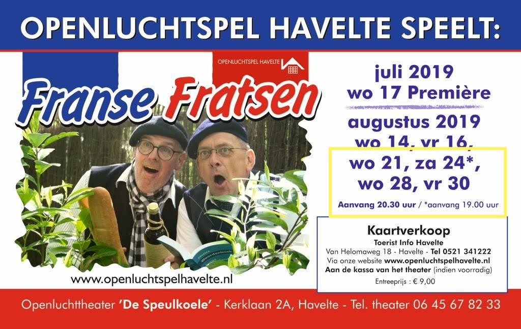 Nog maar 4 voorstellingen en de kaartverkoop gaat hard. Wil je komen kijken, bestel dan tijdig je kaarten. 

Zat 24 aug is er een speciale vroege voorstelling om 19:00u.
De overige voorstellingen beginnen om 20:30u.

Kaarten online via
openluchtspelhavelte.nl/index.php/kaar…