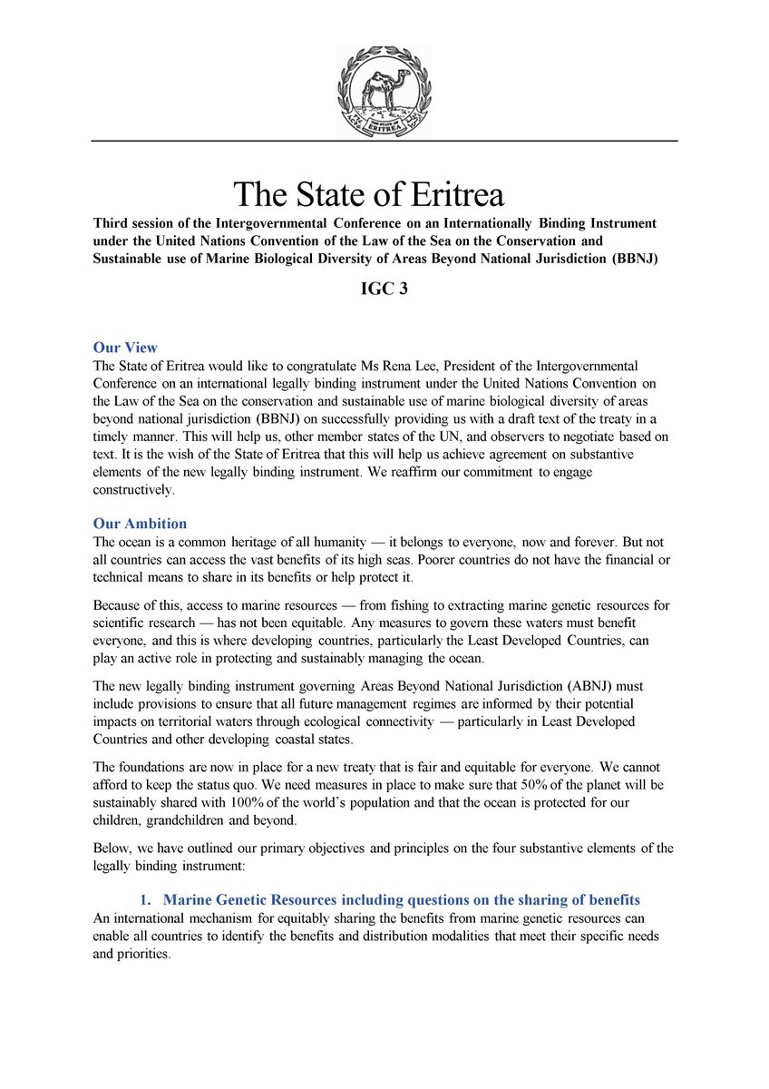 Eritrea_UN's tweet photo. Eritrea will be an active participant during the third round of talks on an international law of governing life in the high seas. Here are the views &amp; ambitions of the State of Eritrea on the establishment of a new legally binding instrument of the BBNJ.  #Eritrea #BBNJ #IGC3 https://t.co/AwjLW1gRWg