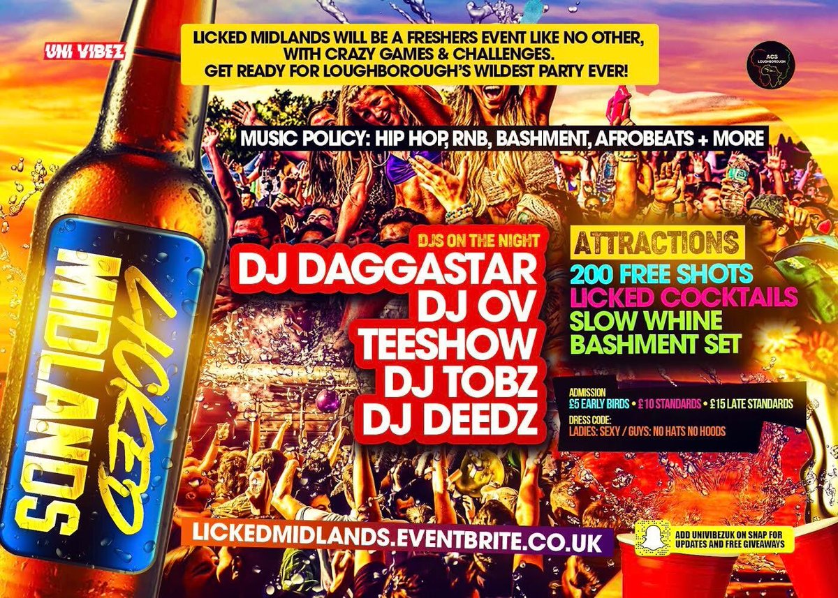 LSU_ACS's tweet photo. #LICKEDMIDLANDS
LOUGHBORUGHโS BIGGEST FRESHERS PARTY๐๐พ๐
The Official Freshers Vs Returners Party ๐
Friday 11th October 2019 ๐
Attractions:
200 FREE SHOTS ๐บ๐บ
LICKED COCKTAILS ๐ธ
SLOW WHINE BASHMENT SET ๐
TICKETS OUT NOW: https://t.co/z7VPzdEwVi https://t.co/cQX7WMgN7h
