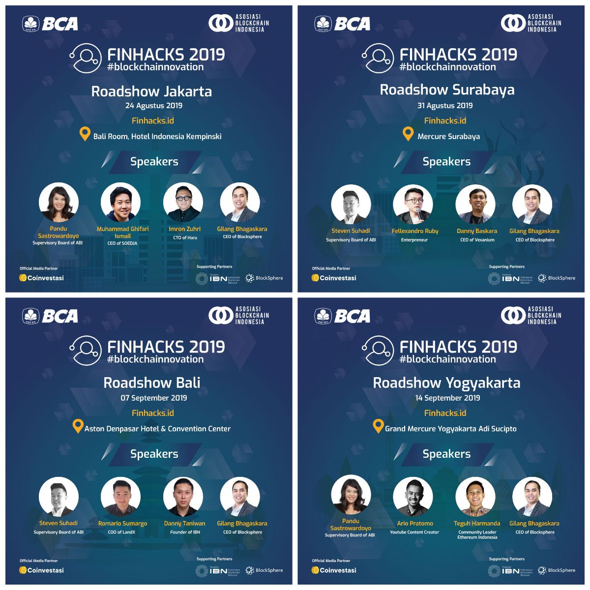 IDBlockchain's tweet photo. BCA Finhacks is coming to Jakarta, Surabaya, Bali &amp; Yogyakarta! Lomba Inovasi Teknologi Blockchain terbesar di Indonesia.

Daftar GRATIS sekarang untuk Roadshow di kota anda: https://t.co/jZyVyTrZ02

#blockchainnovation https://t.co/WVWYt9cUvP