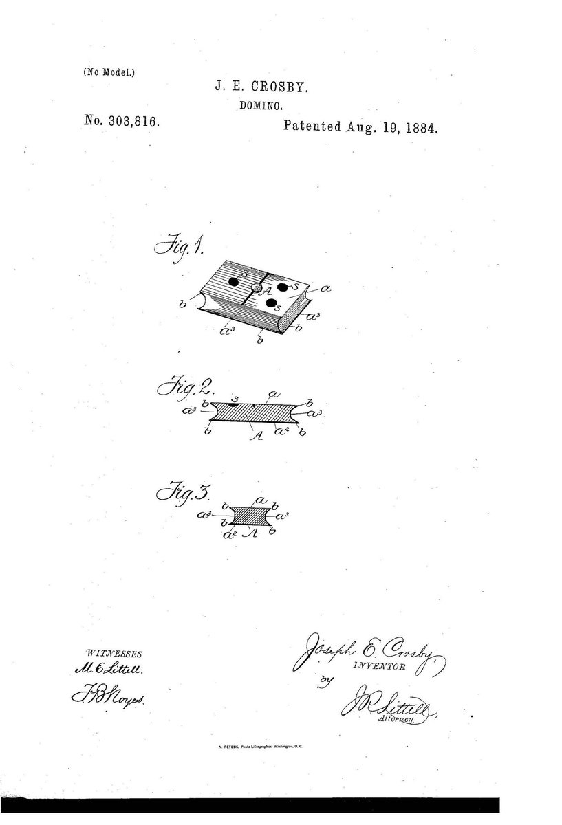 AdamMossoff's tweet photo.
On this date in #innovation history: Joseph Crosby receives a #patent in 1884 for his #invention of a new type of domino game piece #InnovationIsFun #PatentsMatter @uspto https://t.co/KCjXduW3iO