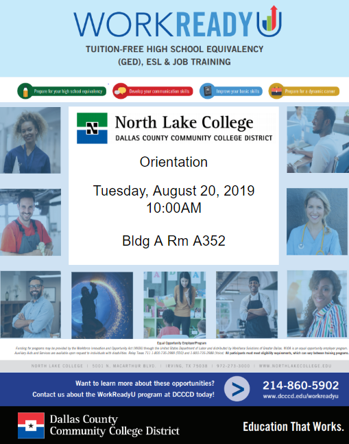 DCWorkReadyU's tweet photo. Do you want to attend college but there are obstacles in your way? Earn your GED, improve English or acquire job training at no cost to you! Join us tomorrow for orientation @northlakenow ! #DCCCDWorkReadyU https://t.co/TRlyWp24Nz