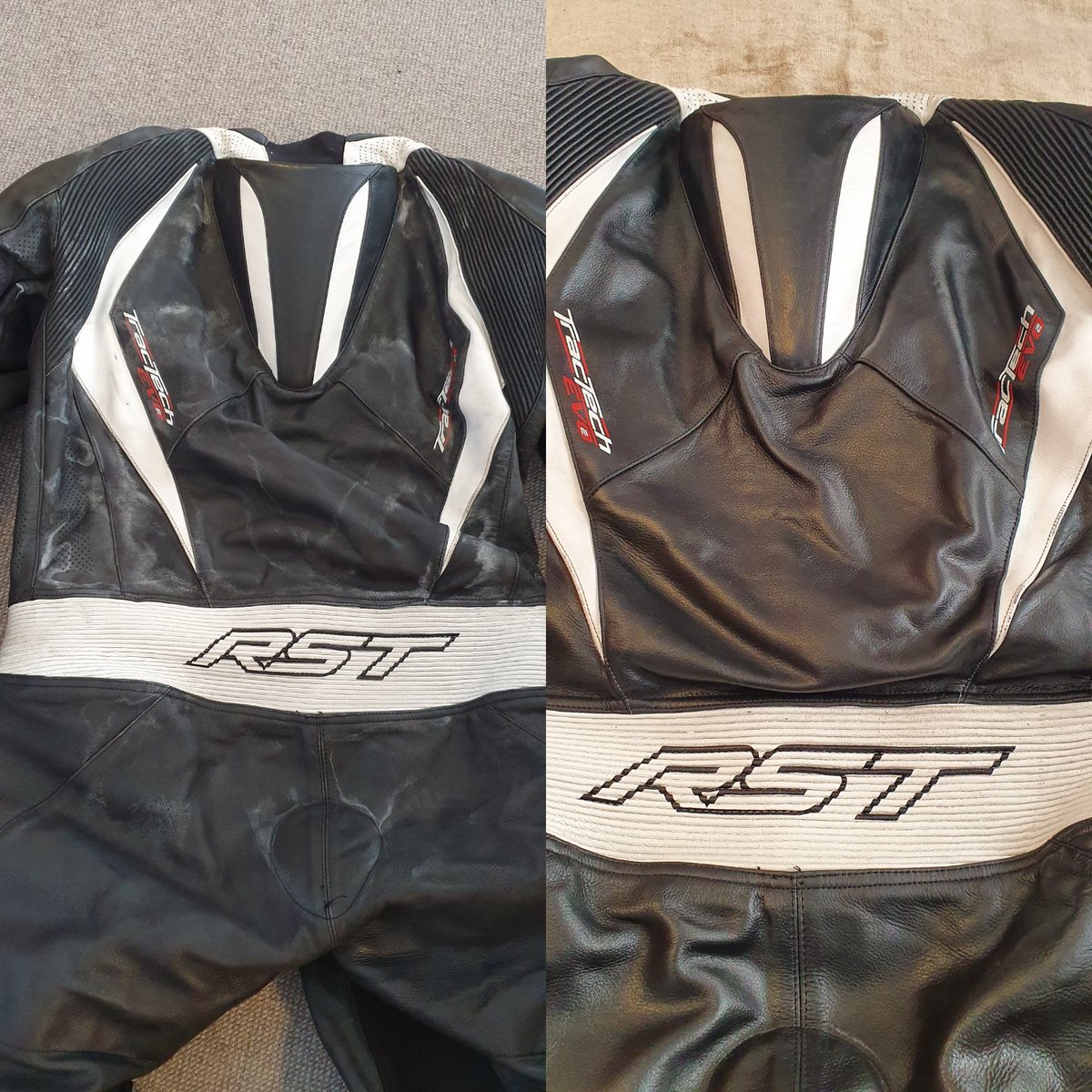 CleanFreaks3's tweet photo. Nice little @rst_motodirect suit cleaned and polished tonight! Love how these have turned out! If anyone needs theirs doing drop me a message 👌🤙😎 #cleanfreaks #rst #leathers https://t.co/Y0TGvpRnZH